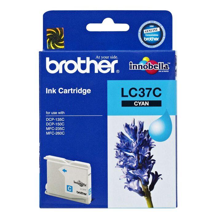 Brother LC-37C Cyan Ink Cartridge designed for DCP-135C, DCP-150C, and MFC-260C printers, showcasing vibrant cyan color.